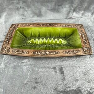 Vintage Treasure Craft USA Ceramic Ashtray Green Drip Glaze Wood Grain MCM